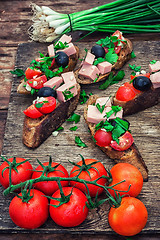 Image showing bruschetta with vegetables and meat