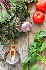 Image showing Tomatoes, garlic, sorrel and basil.