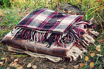 Image showing Two convenient plaid relaxing in the woods for two