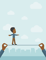 Image showing Black Businessman walking on wire.