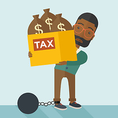 Image showing African Businessman locked in a debt ball and chain.