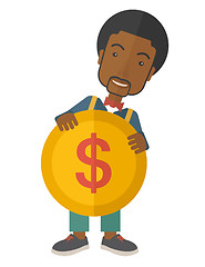 Image showing Black Businessman holding a big coin