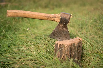 Image showing Firewood and old axe