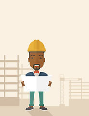 Image showing African-american Construction worker holding the plan.