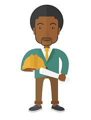 Image showing Black Young construction worker holding hard hat and blueprint.