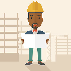 Image showing African-american Construction worker holding the plan.