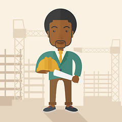 Image showing Young african construction worker holding hard hat and blueprint.