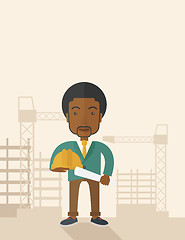 Image showing Young african construction worker holding hard hat and blueprint.