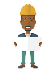 Image showing African-american Construction worker holding the plan.