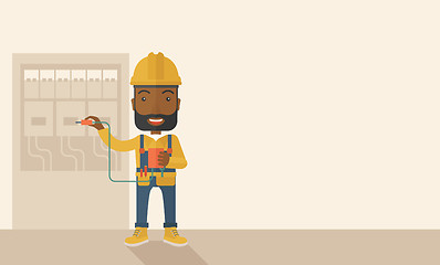 Image showing Black electrician repairing an electrical panel