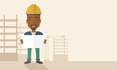 Image showing African-american Construction worker holding the plan.