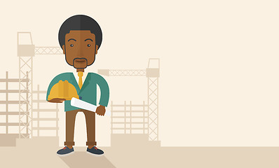 Image showing Young african construction worker holding hard hat and blueprint.