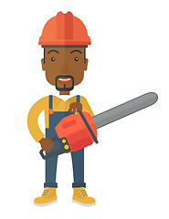 Image showing Black Lumberjack cuts a tree by chainsaw.