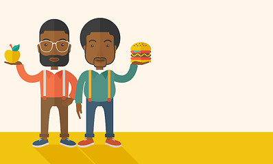 Image showing Two black businessmen comparing apple to hamburger.