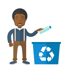 Image showing Man throwing plastic container into recycle can