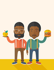 Image showing Two black businessmen comparing apple to hamburger.