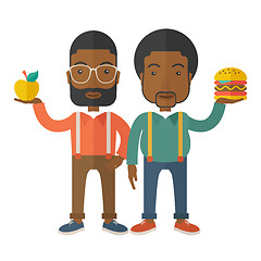 Image showing Two black businessmen comparing apple to hamburger.