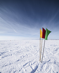 Image showing Flags on the background of winter sky