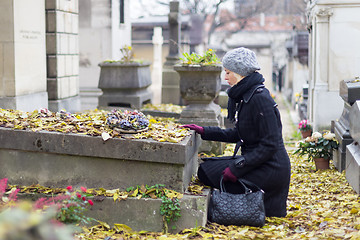 Image showing Solitary woman visiting relatives grave.