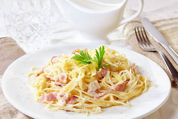 Image showing pasta carbonara on white plate