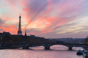 Image showing Sunset over Eiffel Tower and Seine river.