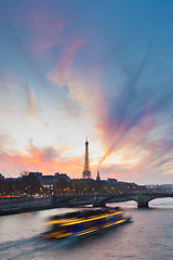 Image showing Sunset over Eiffel Tower and Seine river.