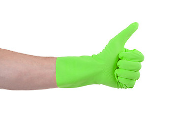 Image showing Green glove for cleaning show thumbs up