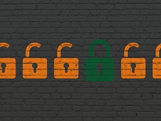 Image showing Protection concept: closed padlock icon on wall background