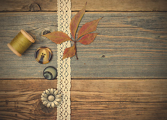 Image showing tape lace, button, reel thread and herbarium