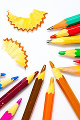 Image showing several colored pencils and shavings