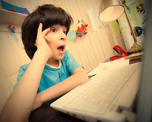 Image showing Surprised boy looking at a computer monitor