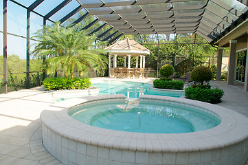 Image showing Screened in pool with spa