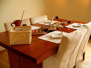 Image showing Set table with Spanish tapas served