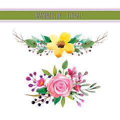 Image showing Watercolor flowers with foliage and branch.Vector illustration