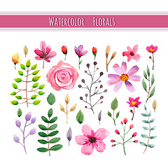 Image showing Watercolor floral collection with leaves and flowers. 