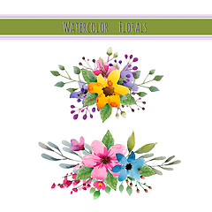 Image showing Watercolor flowers with foliage and branch.Vector illustration