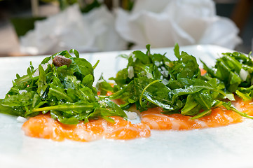 Image showing fresh salmon carpaccio