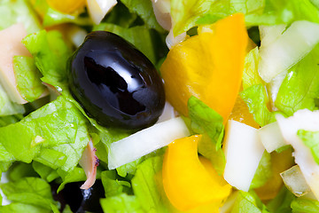 Image showing Assorted salad of green leaf lettuce with squid and black olives