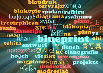 Image showing Blueprint multilanguage wordcloud background concept glowing