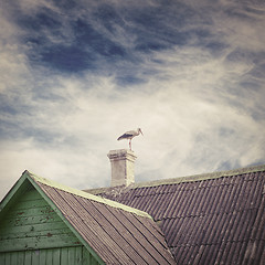 Image showing Stork standing on a chimney