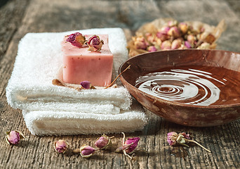 Image showing still life with spa towels and natural soap