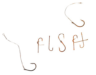 Image showing Word F I S H composed of old rusty fish hooks