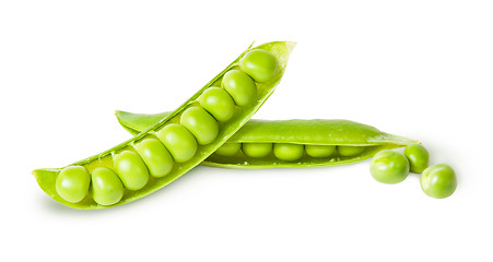 Image showing Two young disclosed pod of green peas