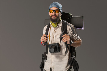 Image showing Portrait of a male fully equipped tourist 