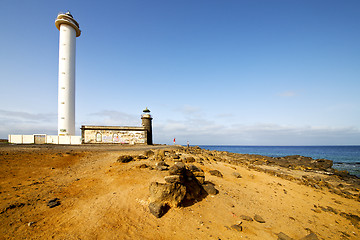 Image showing atlantic ocean lanzarote lighthouse and rock  the blue sky    