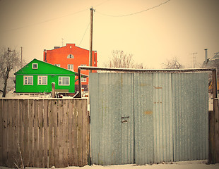 Image showing red and green houses in a Rumyantsevo village, Moscow, Russia