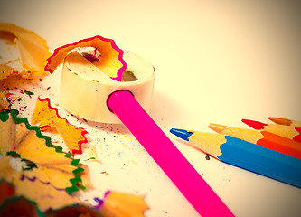 Image showing colored pencils, sharpener and shavings