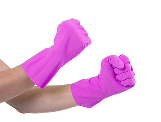 Image showing Hands in a rubber gloves gesturing fist