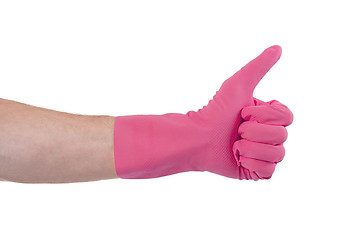 Image showing Pink glove for cleaning show thumbs up