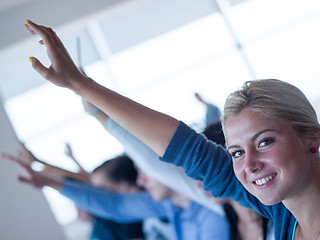 Image showing students group raise hands up